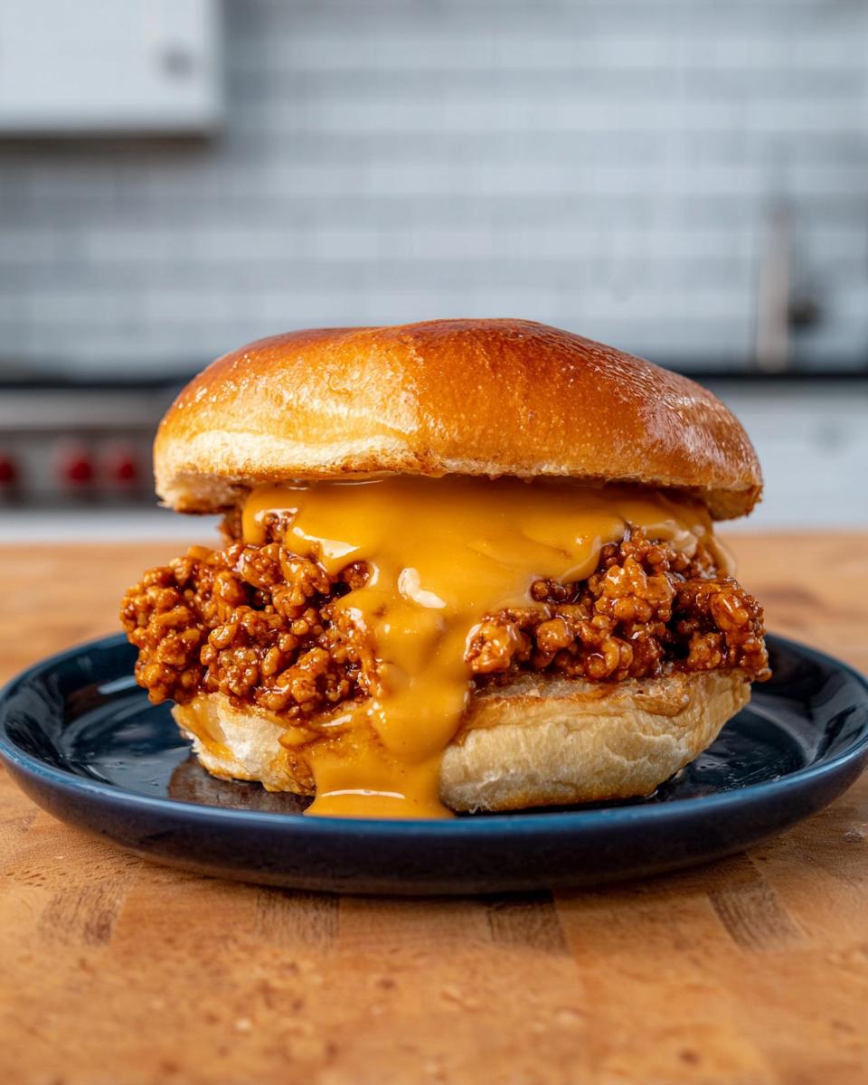 A delicious Cajun Chicken Sloppy Joe sandwich overflowing with creamy cheese sauce on a brioche bun.