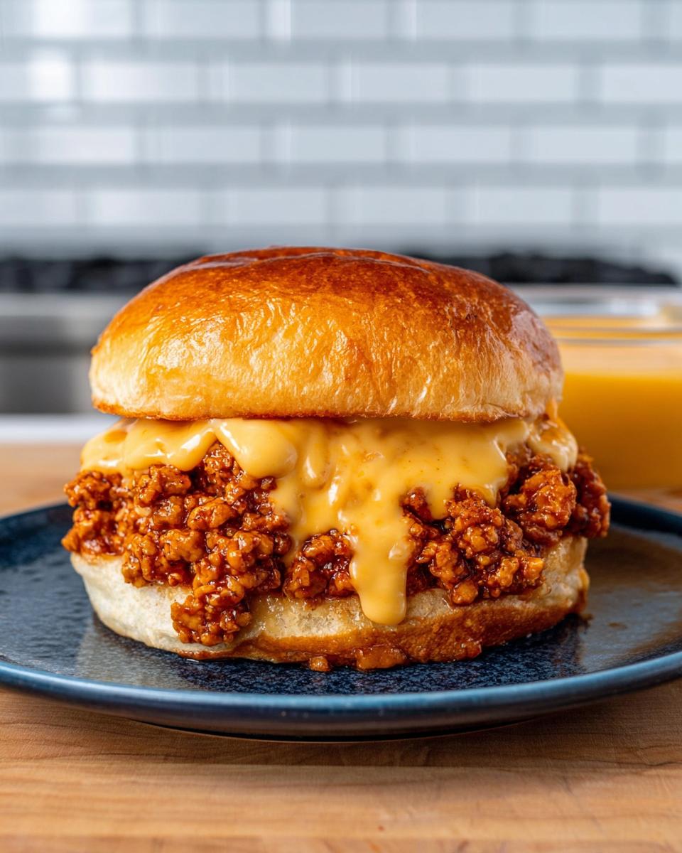 A delicious Cajun Chicken Sloppy Joe sandwich piled high with seasoned chicken and dripping with creamy cheese sauce on a toasted bun.