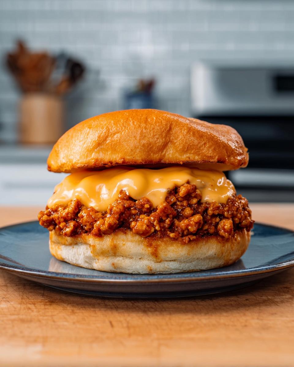 A delicious Cajun Chicken Sloppy Joe sandwich piled high with seasoned chicken and melted creamy cheese sauce on a bun.