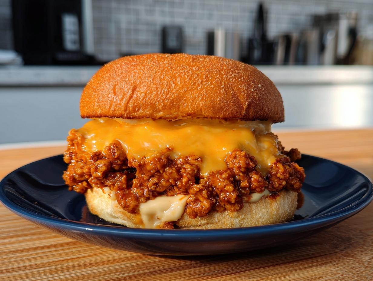 A delicious Cajun Chicken Sloppy Joe sandwich piled high with creamy cheese sauce on a blue plate.