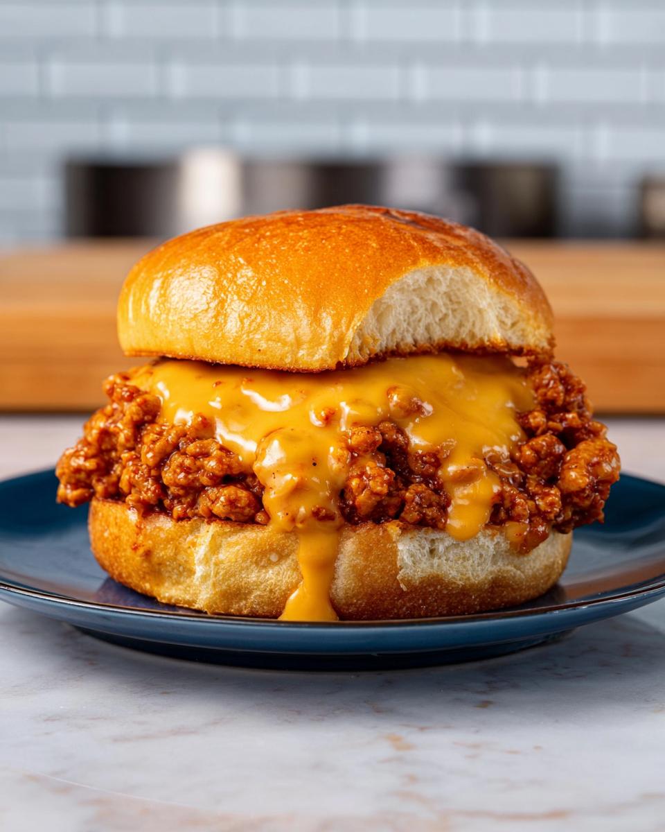 A delicious Cajun Chicken Sloppy Joe sandwich topped with melted creamy cheese sauce on a blue plate.