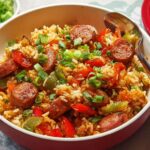 A close-up of a bowl filled with Cajun Sausage and Rice Skillet, featuring sliced sausage, rice, bell peppers, and green onions.