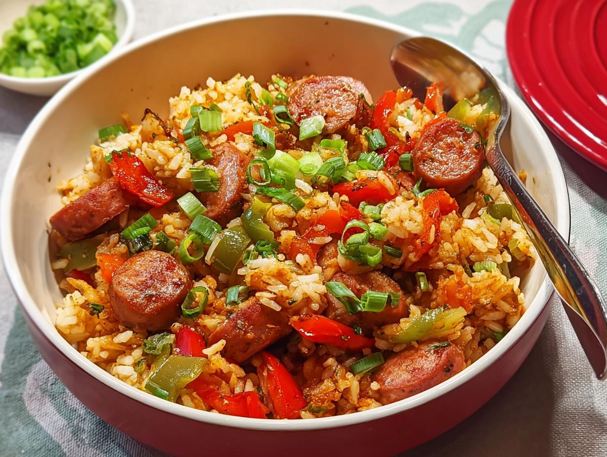 A close-up of a bowl filled with Cajun Sausage and Rice Skillet, featuring sliced sausage, rice, bell peppers, and green onions.