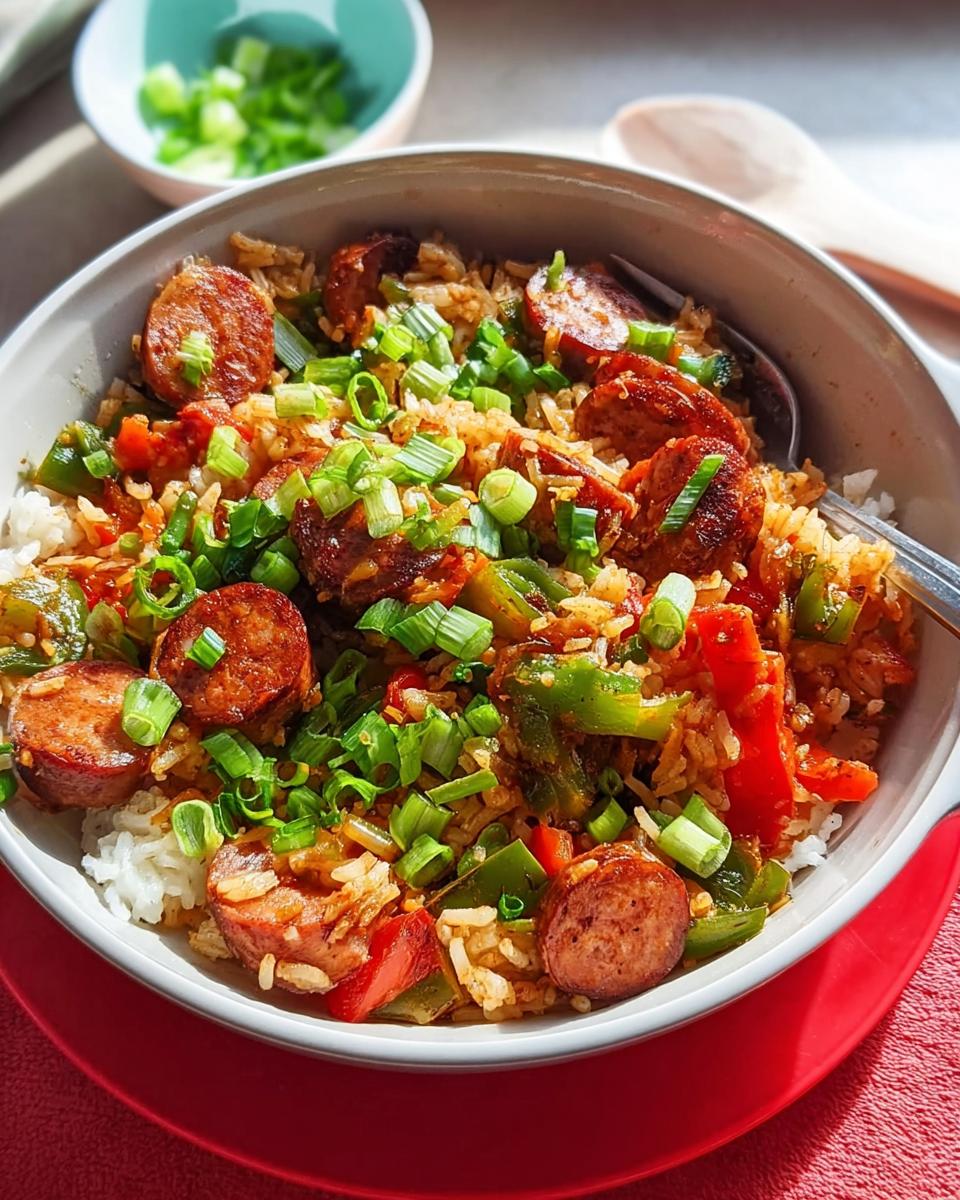 A close-up of a bowl filled with Cajun Sausage and Rice Skillet, featuring sliced sausage, rice, peppers, and green onions.