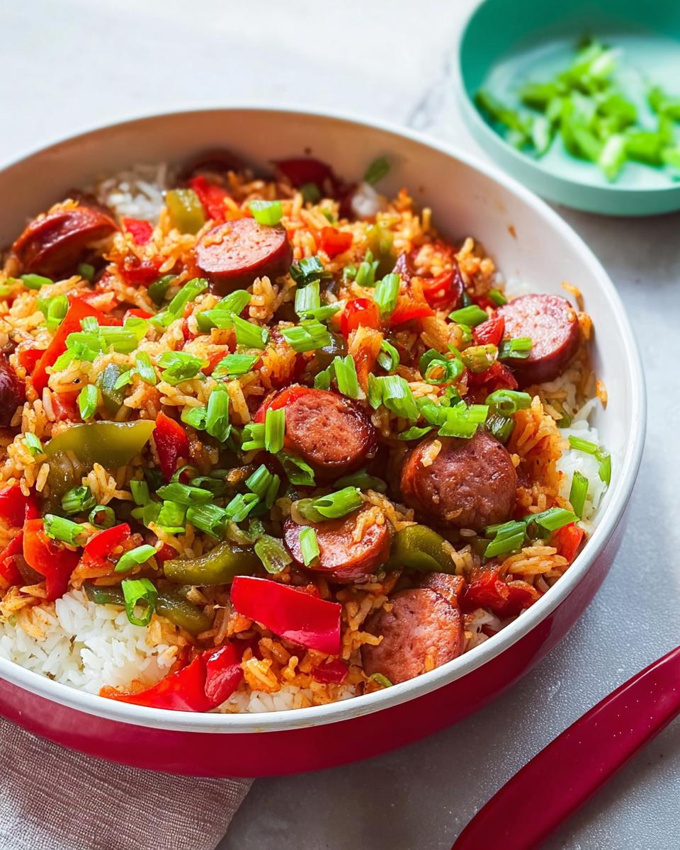 A bowl of Cajun Sausage and Rice Skillet topped with chopped green onions, showing sliced sausage, red and green bell peppers, and rice.
