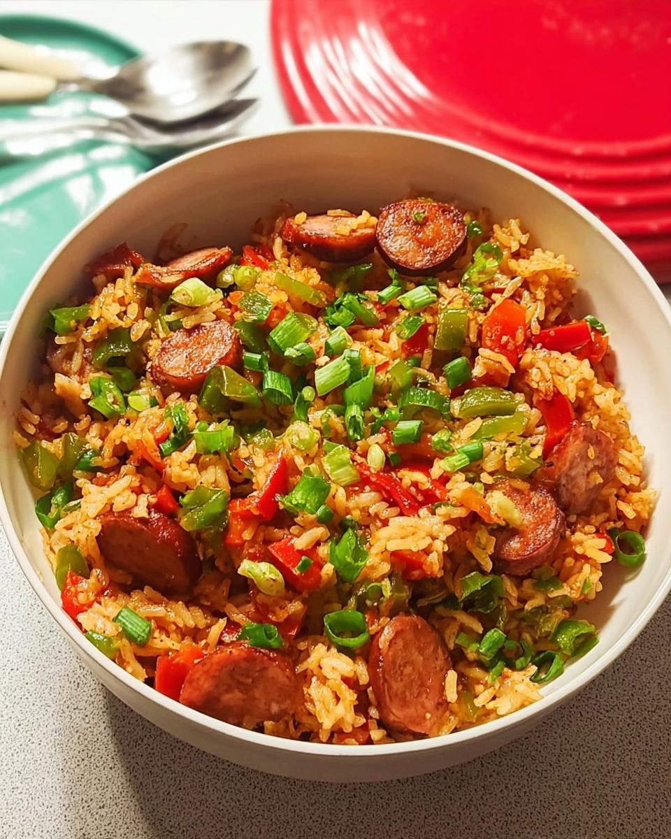 A close-up of a white bowl filled with Cajun Sausage and Rice Skillet, topped with chopped green onions.