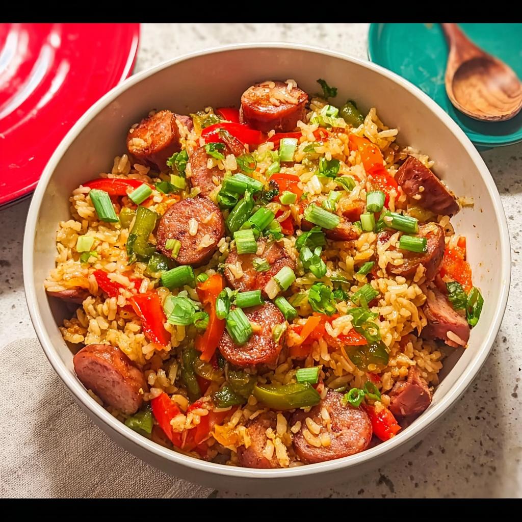 A close-up of a bowl filled with Cajun Sausage and Rice Skillet, featuring sliced sausage, rice, bell peppers, and green onions.