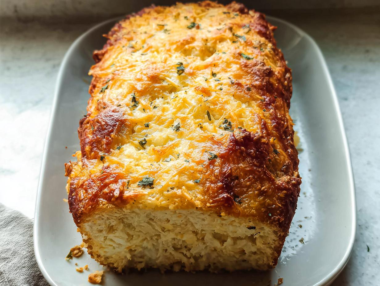 A golden brown cheesy garlic bread loaf with herbs on a white platter.