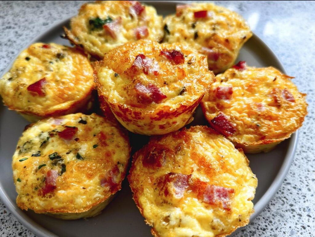 A plate of golden-brown Cheesy Muffin Tin Cottage Cheese Egg Bites with visible pieces of bacon and herbs.
