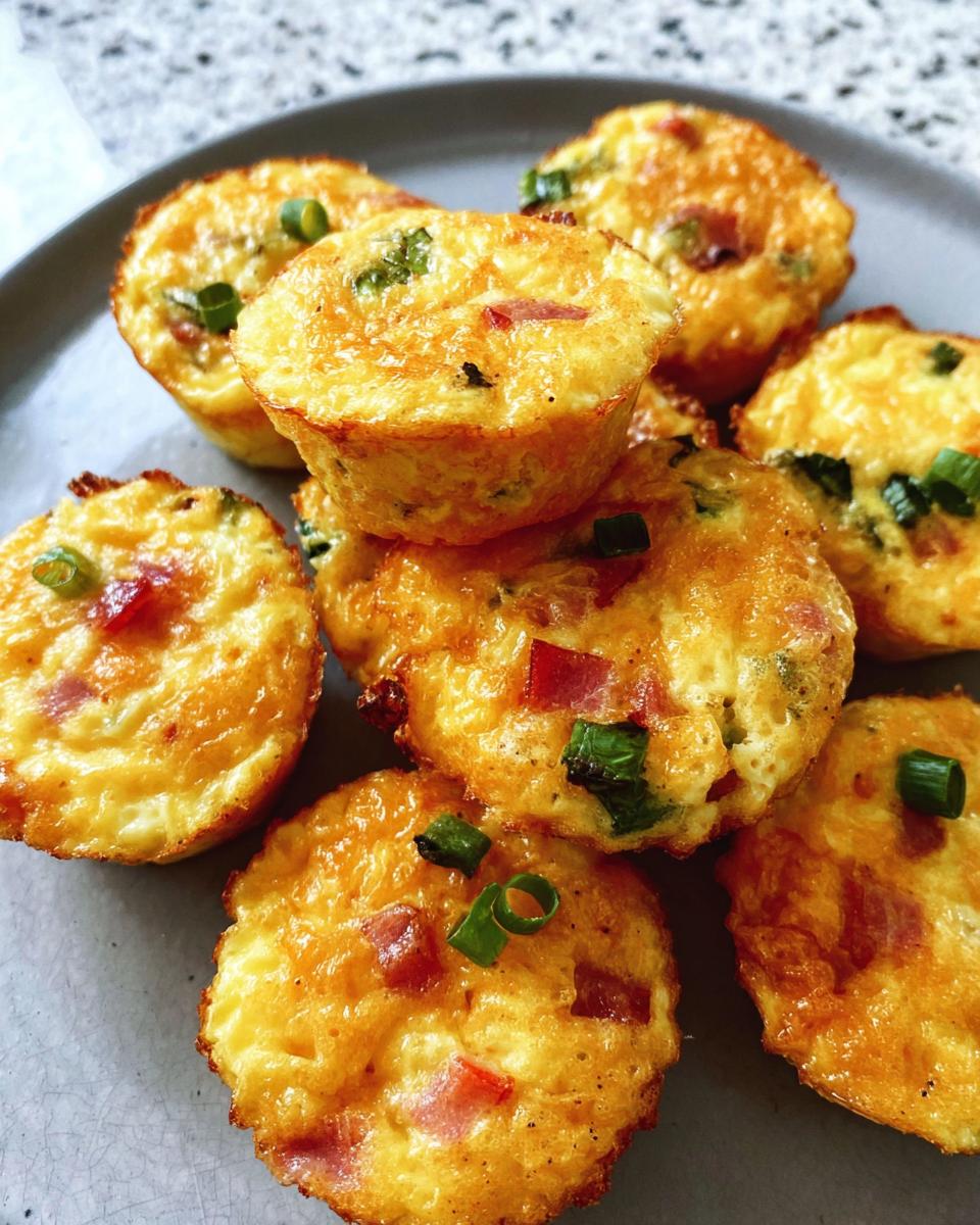 A pile of golden-brown Cheesy Muffin Tin Cottage Cheese Egg Bites topped with green onions and red bell peppers.