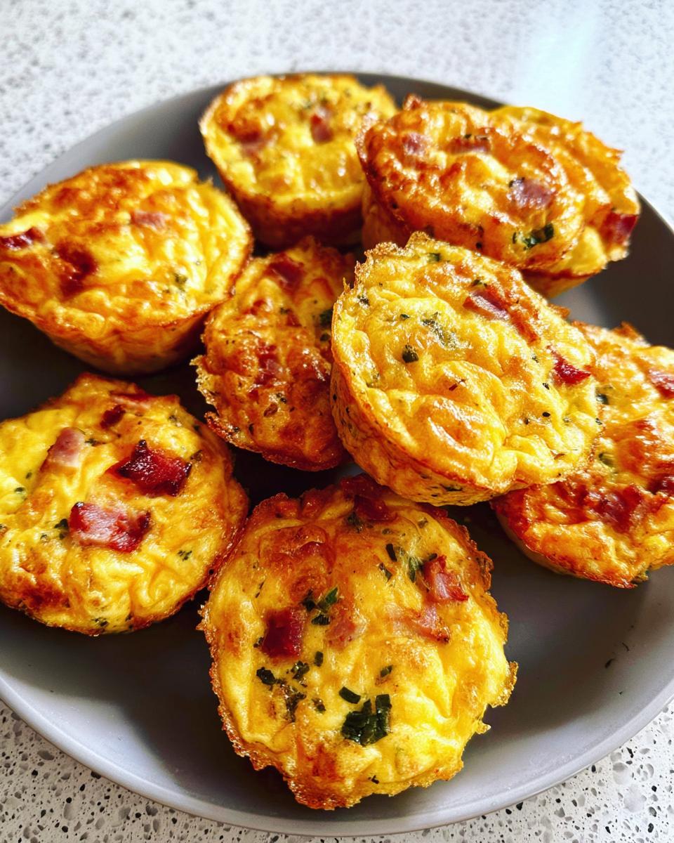 A plate of golden-brown Cheesy Muffin Tin Cottage Cheese Egg Bites with visible bacon and chives.