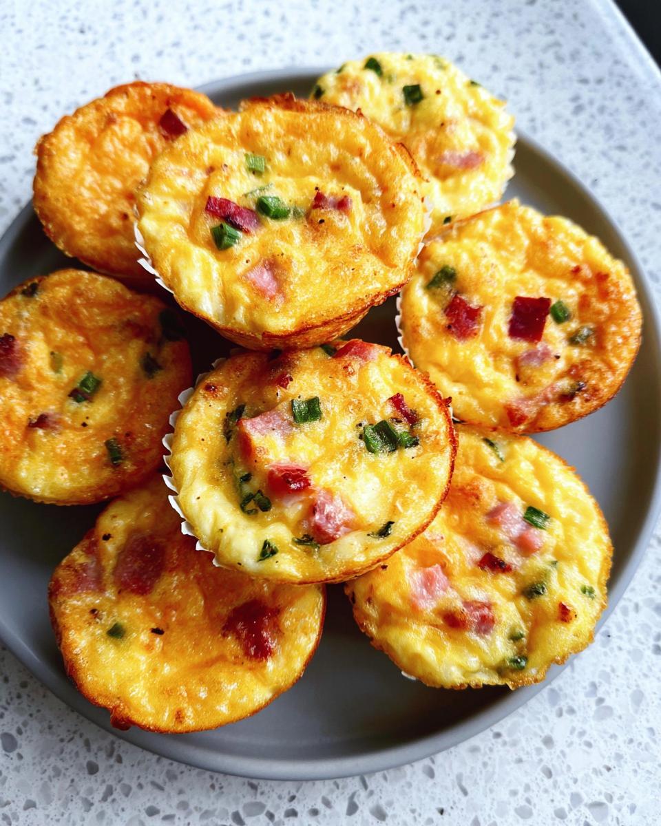 A plate of freshly baked Cheesy Muffin Tin Cottage Cheese Egg Bites with ham and chives.
