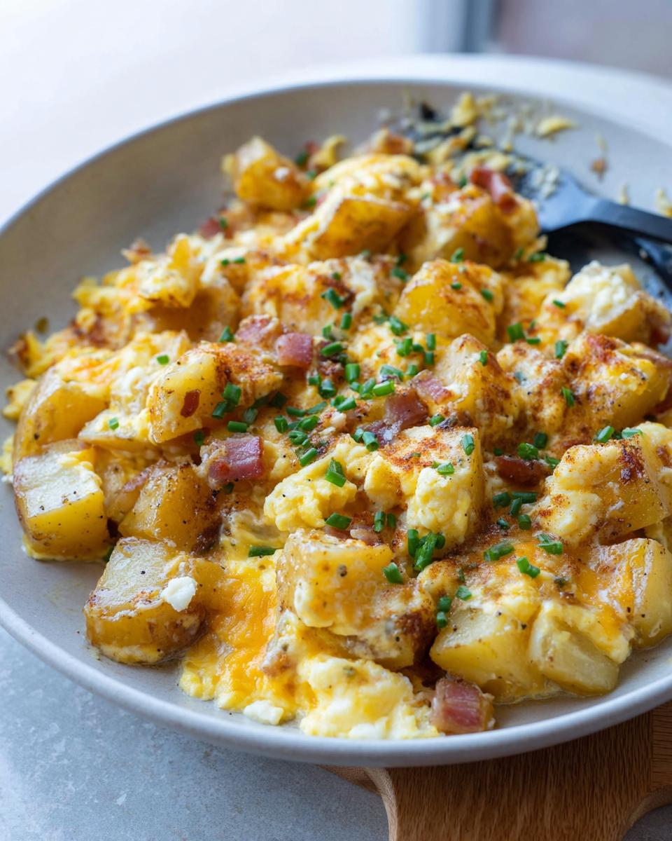 A close-up of a Cheesy Potato Egg Scramble with chunks of potato, scrambled eggs, and bits of bacon, garnished with chives.