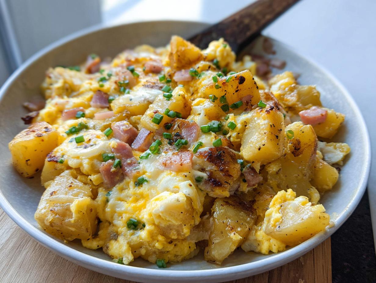 A close-up of a Cheesy Potato Egg Scramble with diced ham and fresh chives, served in a bowl.