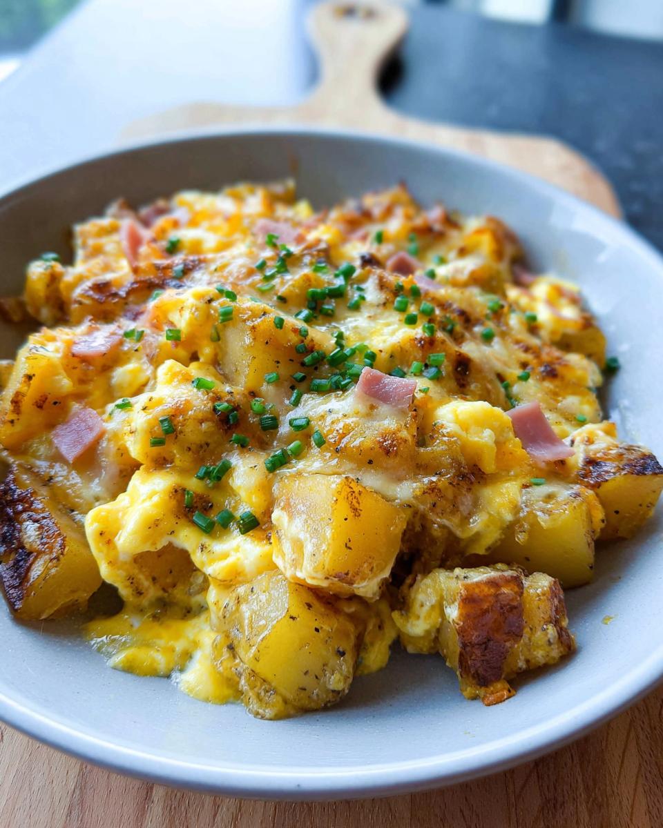 A close-up of a Cheesy Potato Egg Scramble with chunks of potato, scrambled eggs, diced ham, and melted cheese, garnished with chives.