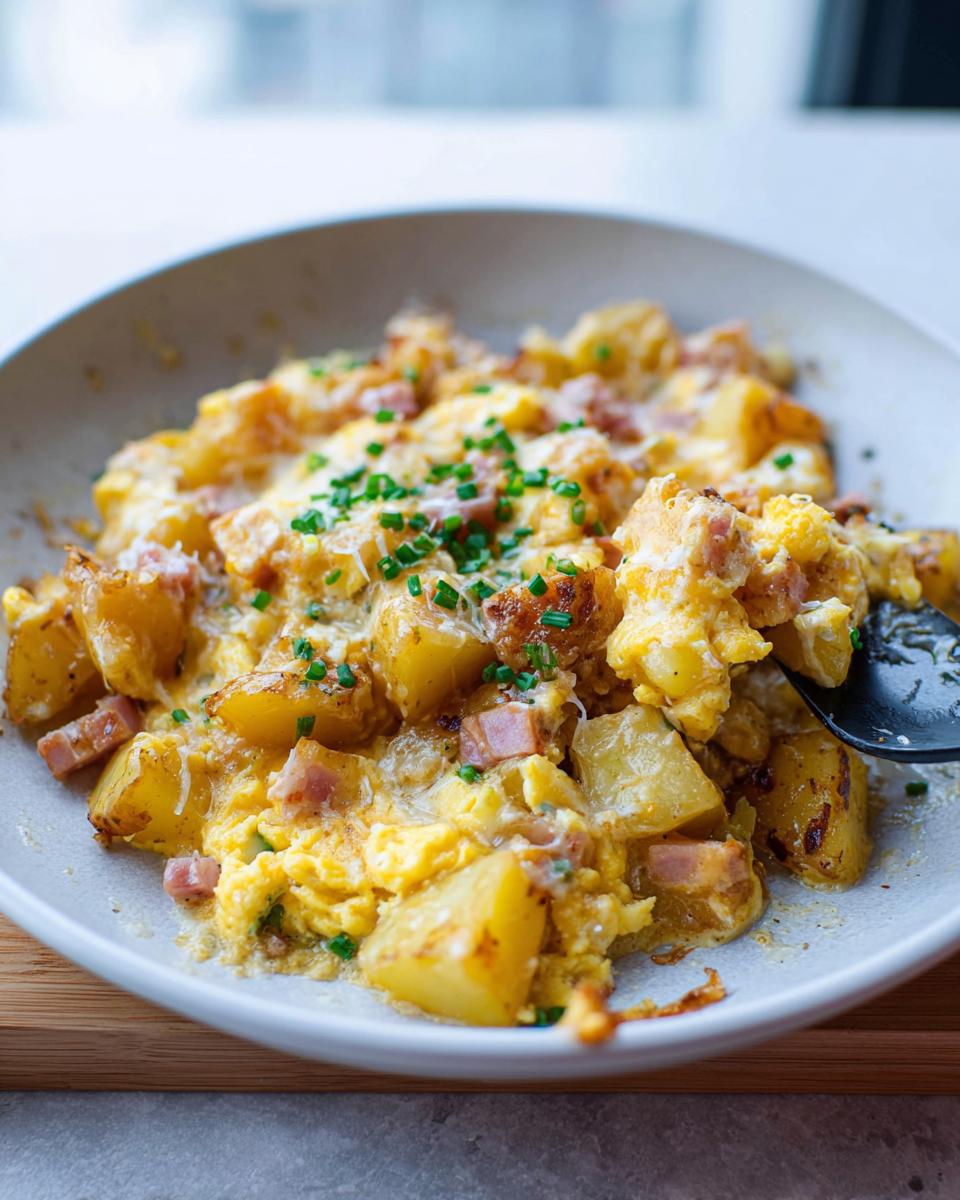 A close-up of a bowl filled with a Cheesy Potato Egg Scramble, featuring diced potatoes, scrambled eggs, ham, and chives.