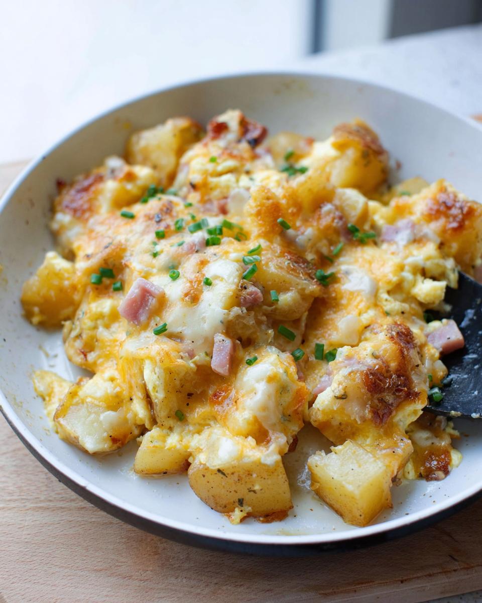 A close-up of a Cheesy Potato Egg Scramble in a pan, topped with melted cheese and chives.