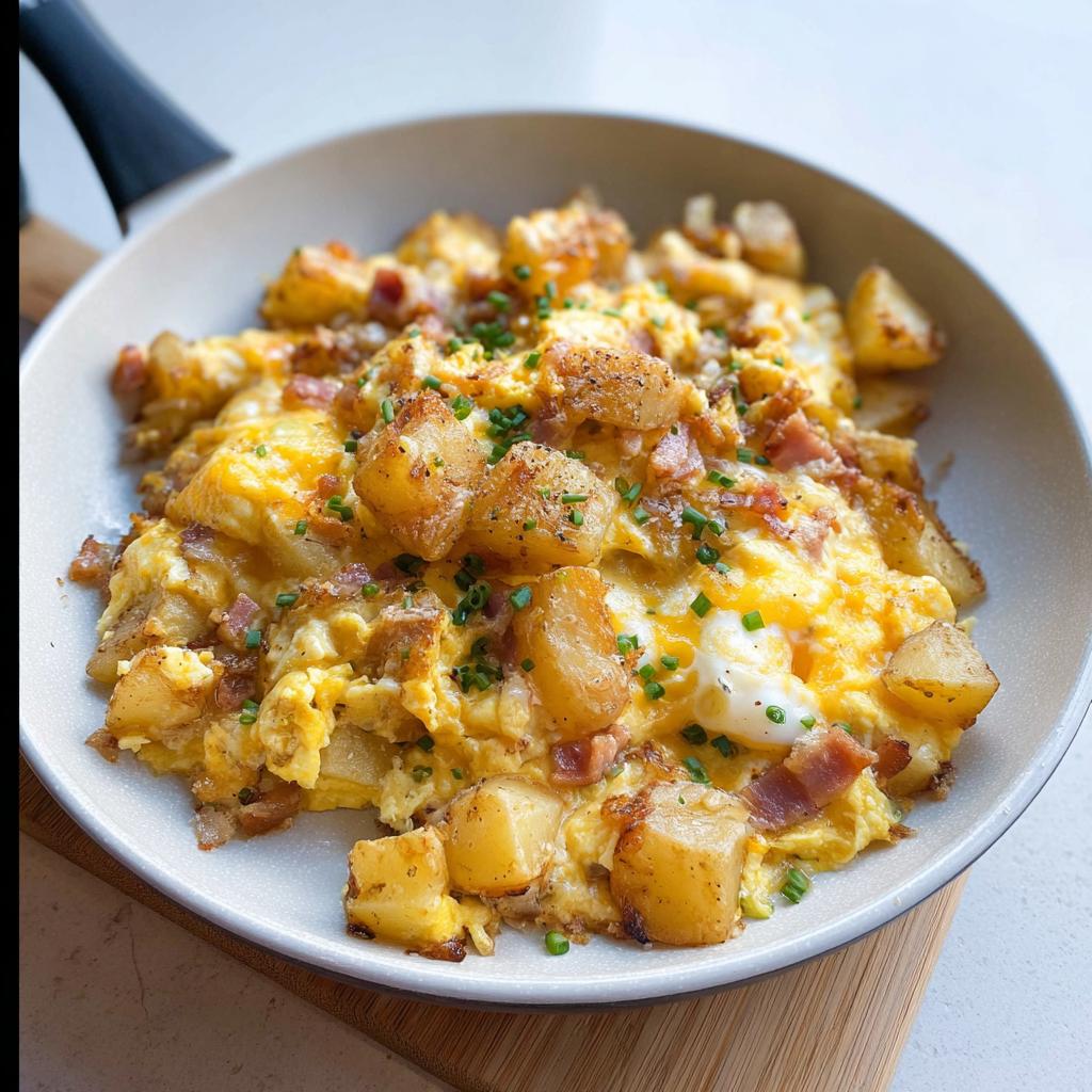 A close-up of a Cheesy Potato Egg Scramble in a pan, topped with chives and pepper.