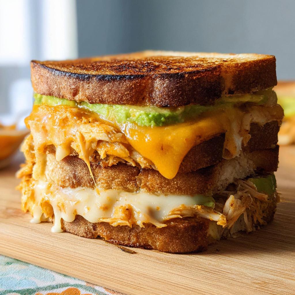 A close-up of a Chicken Avocado Melt Sandwich with melted cheese and avocado slices.