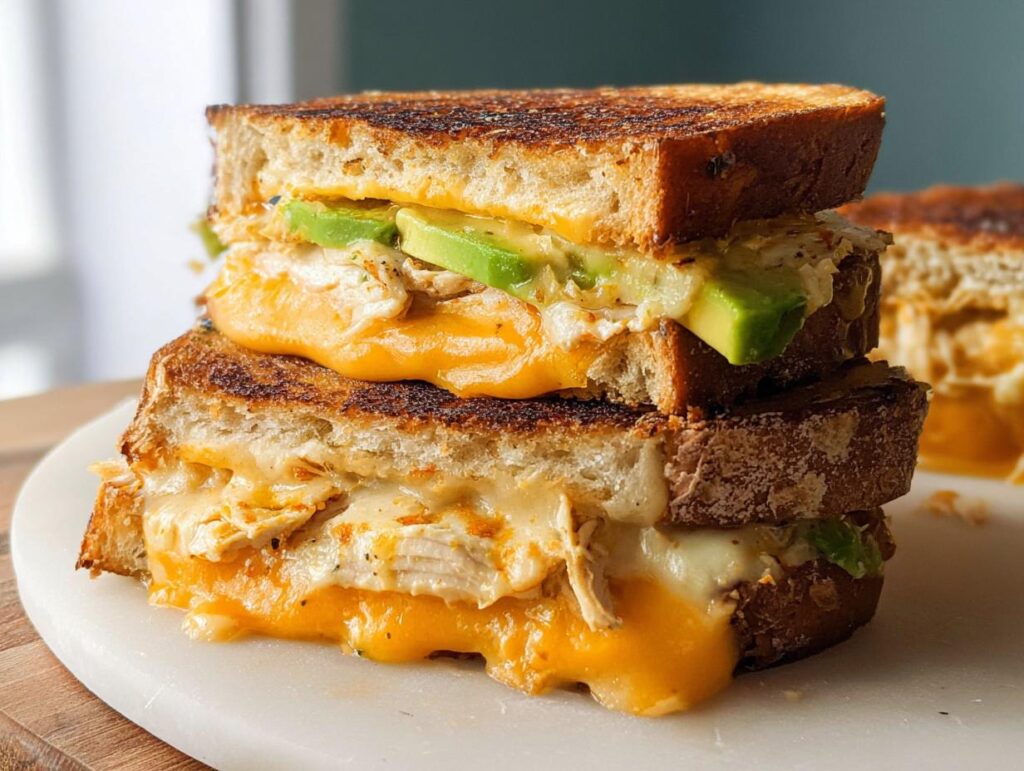 A stacked Chicken Avocado Melt Sandwich with gooey melted cheese and fresh avocado slices.