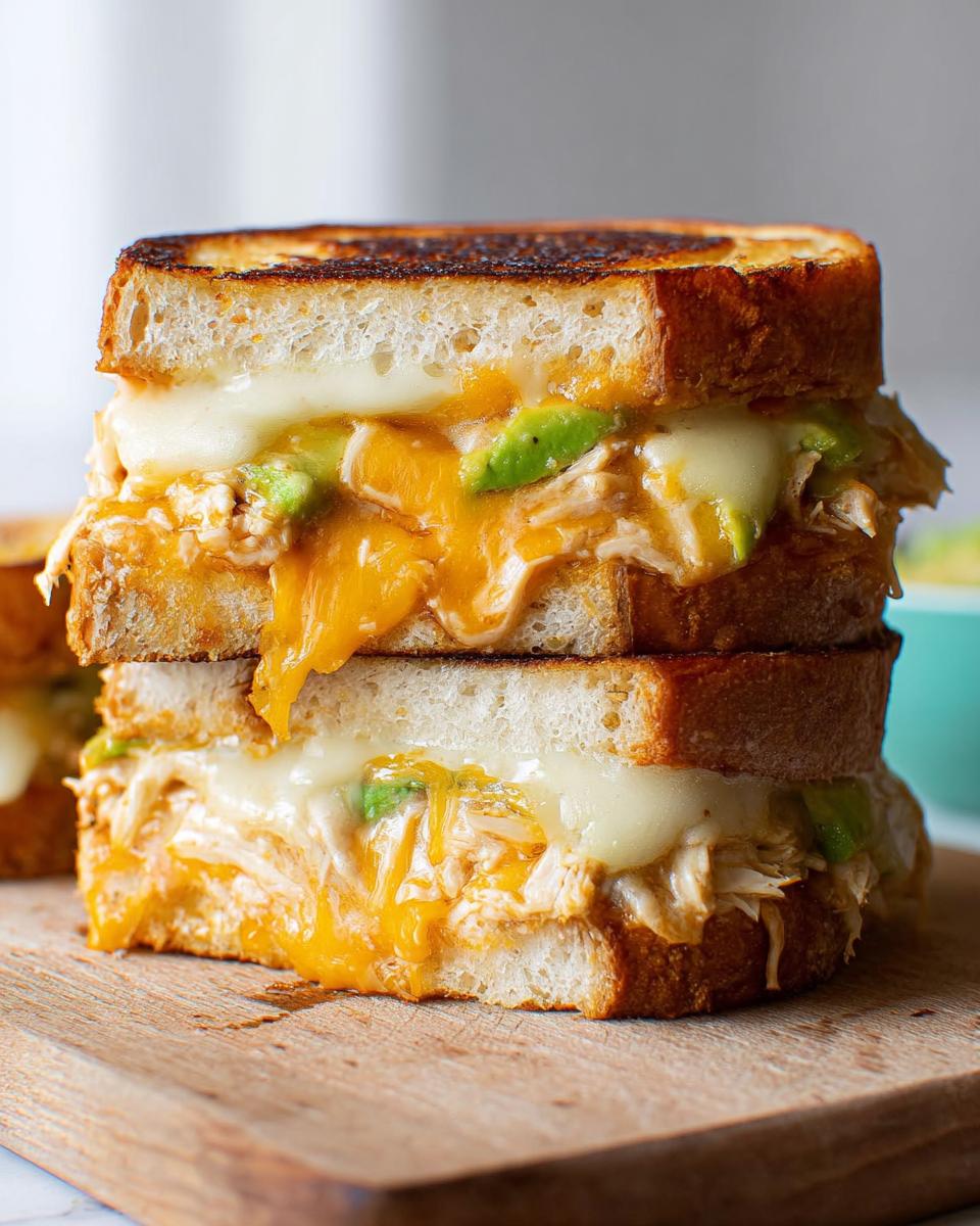 A stacked Chicken Avocado Melt Sandwich with melted cheese and avocado slices on toasted bread.