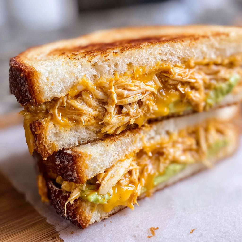 Close-up of a stacked Chicken Avocado Melt Sandwich with melted cheese and creamy avocado.