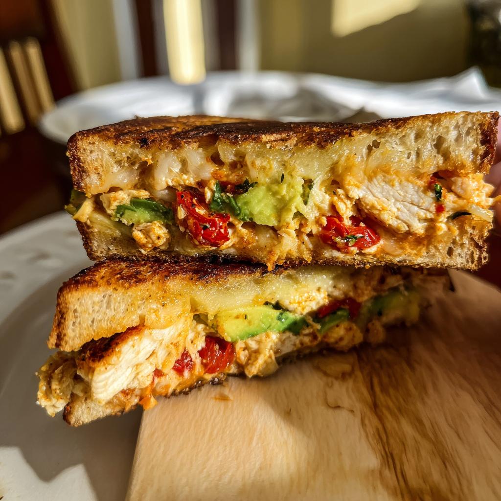 Close-up of a grilled CHICKEN AVOCADO MELT SANDWICH, showing layers of chicken, avocado, and sun-dried tomatoes.
