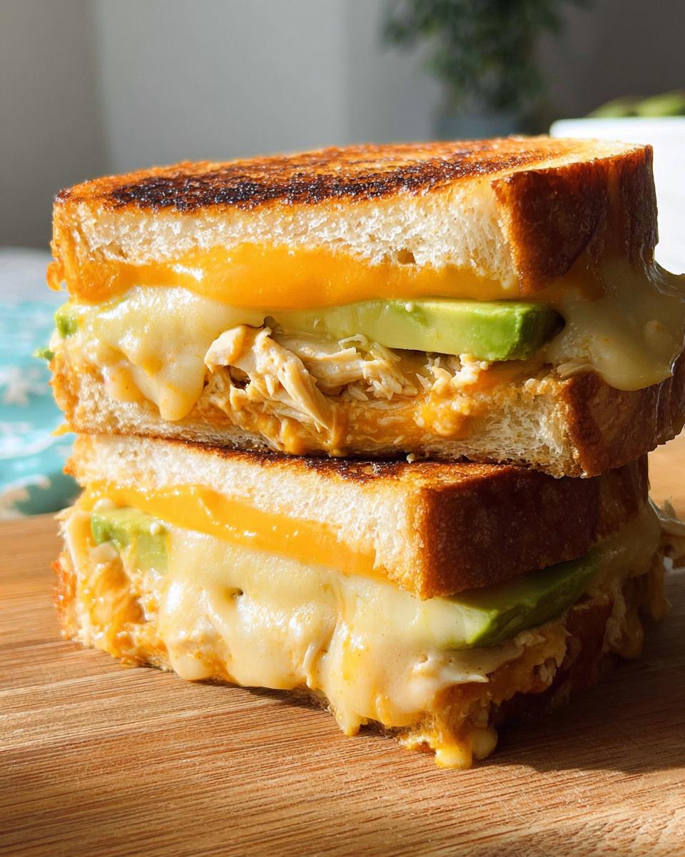 A close-up of a Chicken Avocado Melt Sandwich stacked with gooey melted cheese, shredded chicken, and avocado slices.