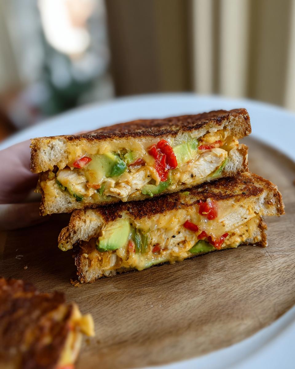 A close-up of a halved CHICKEN AVOCADO MELT SANDWICH, showcasing melted cheese, chicken, avocado, and red peppers.