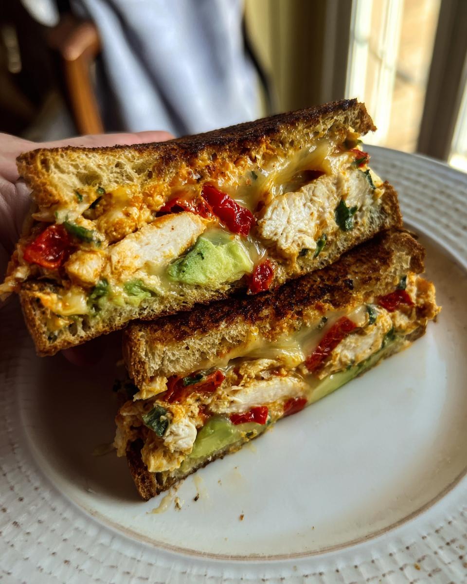 A close-up of a halved CHICKEN AVOCADO MELT SANDWICH on a white plate, showing melted cheese, chicken, avocado, and red peppers.