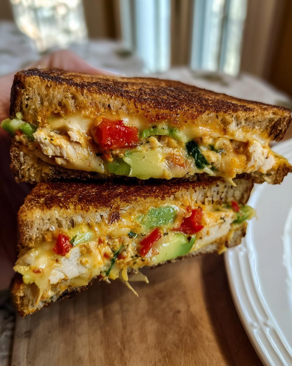 Close-up of a halved CHICKEN AVOCADO MELT SANDWICH with melted cheese, avocado, and red peppers.