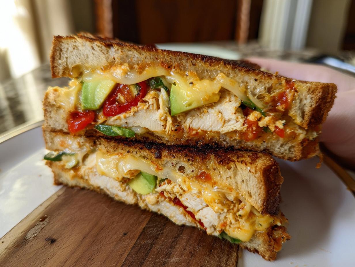 A close-up of a halved Chicken Avocado Melt Sandwich, showing shredded chicken, avocado slices, melted cheese, and red peppers.