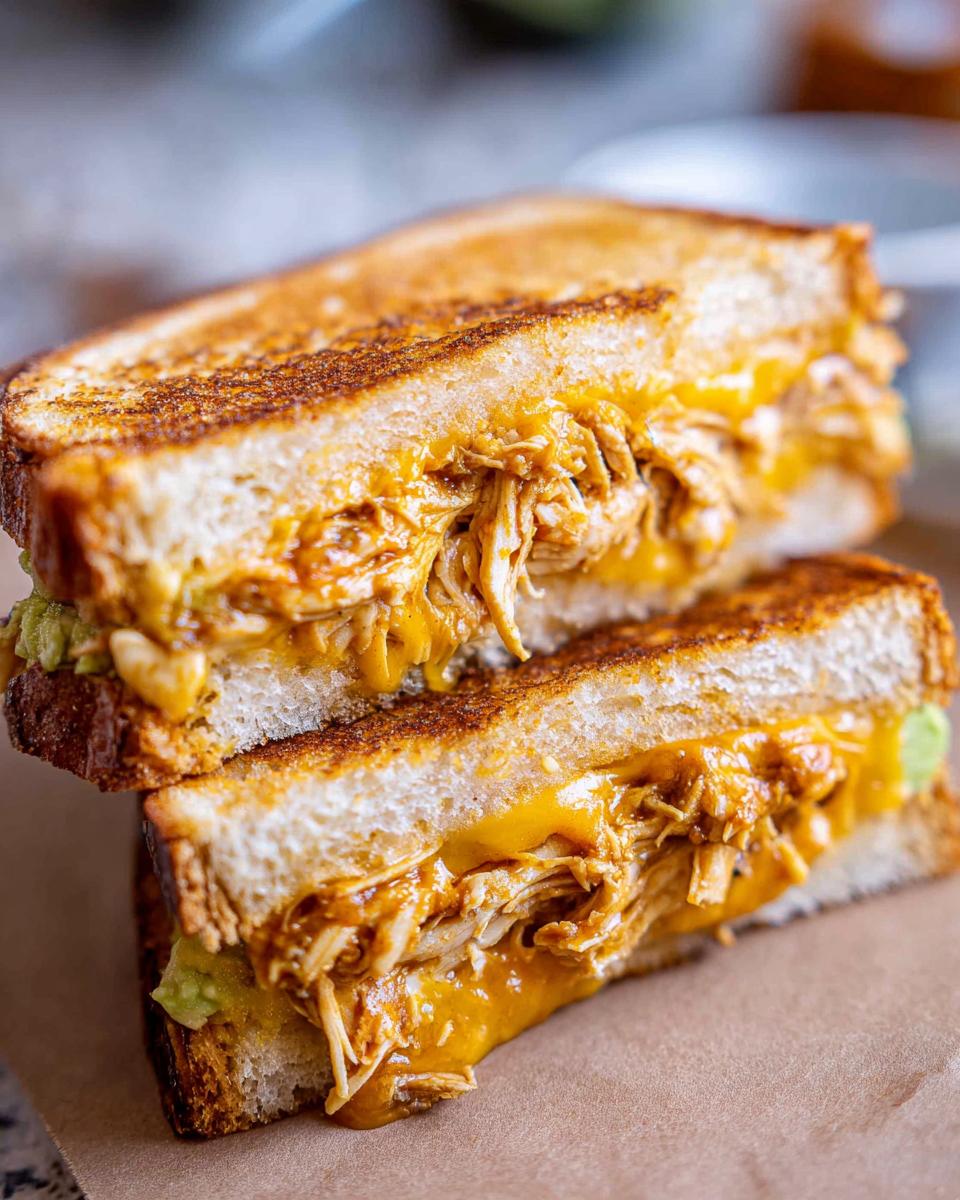 Close-up of a Chicken Avocado Melt Sandwich cut in half, showing shredded chicken, melted cheese, and avocado.