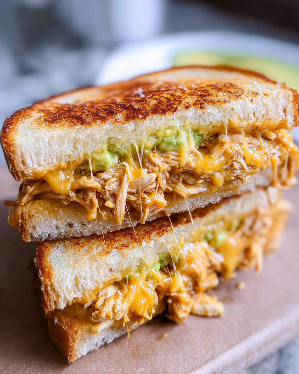 A close-up of a delicious Chicken Avocado Melt Sandwich with melted cheese dripping.