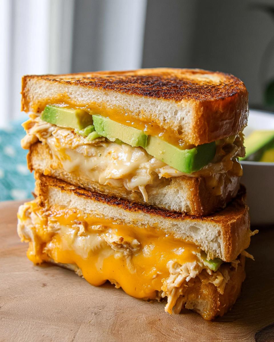 A close-up of a stacked Chicken Avocado Melt Sandwich with melted cheese oozing out.