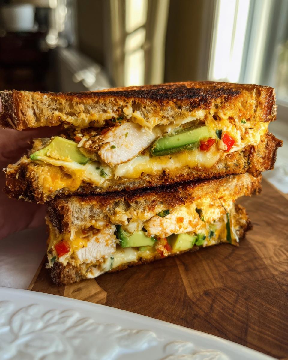 A close-up of a stacked CHICKEN AVOCADO MELT SANDWICH with melted cheese, avocado slices, and chicken.