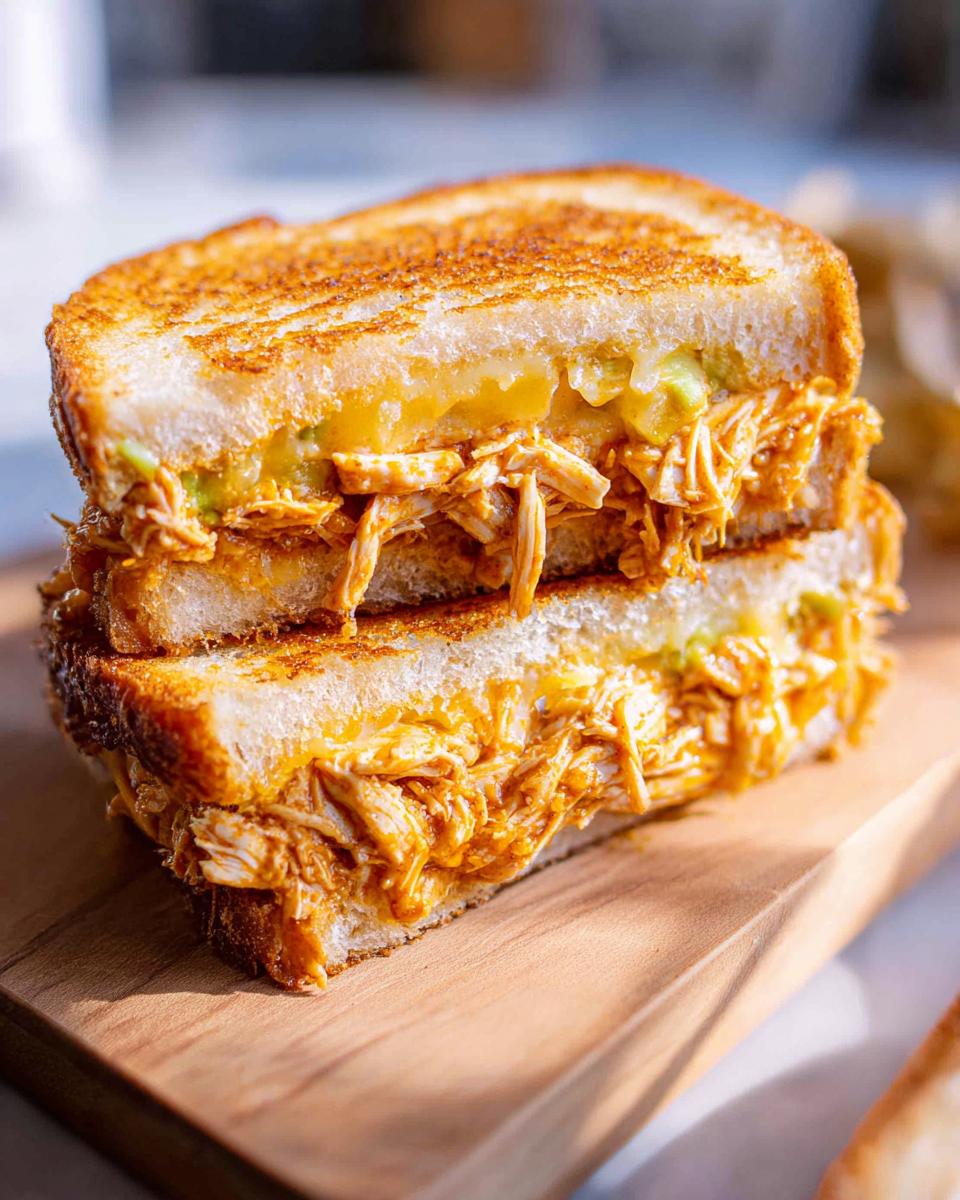 A close-up of a stacked Chicken Avocado Melt Sandwich, showing shredded chicken, avocado, and melted cheese between toasted bread.