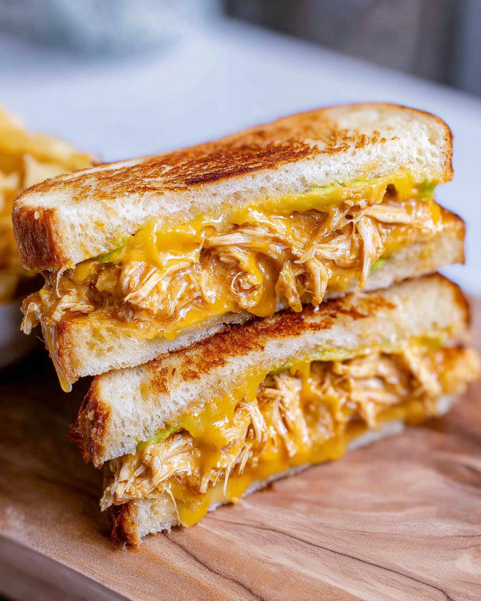 Close-up of a stacked Chicken Avocado Melt Sandwich with melted cheese and shredded chicken.