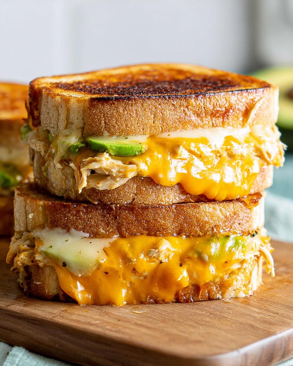 Close-up of a stacked Chicken Avocado Melt Sandwich with melted cheese and avocado slices.