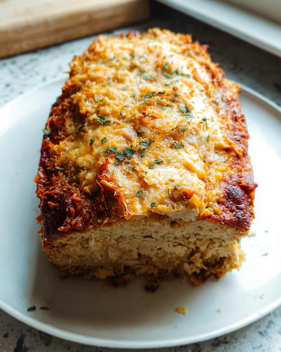 A slice of Chicken Avocado Ranch Burrito loaf on a white plate, topped with melted cheese and parsley.