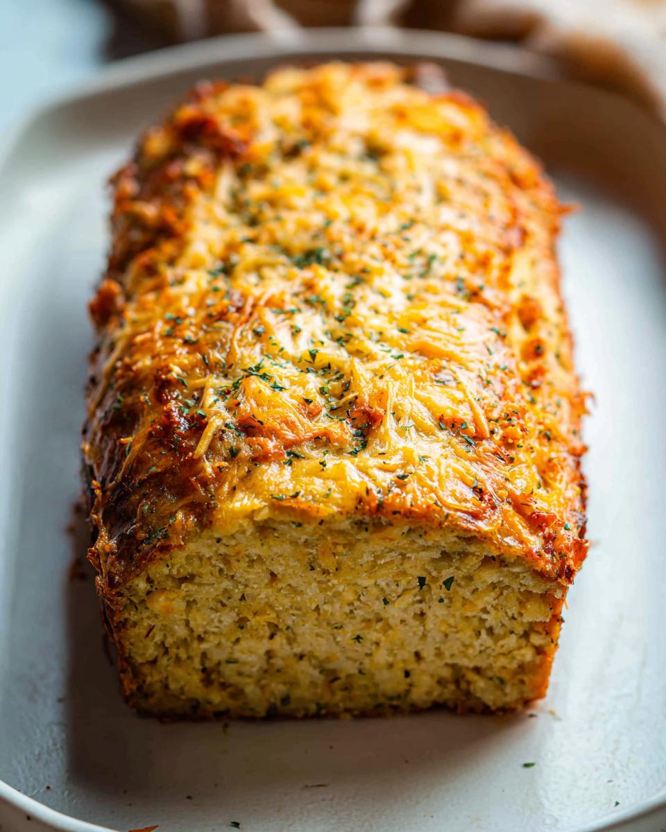 A golden-brown loaf of bread topped with melted cheese and herbs, perfect for Chicken Avocado Ranch Burritos.