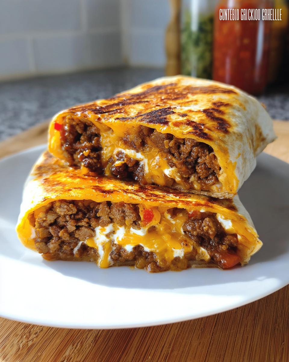 A close-up of a Chicken Crunch Wrap cut in half, revealing seasoned ground chicken, melted cheese, and a creamy sauce.