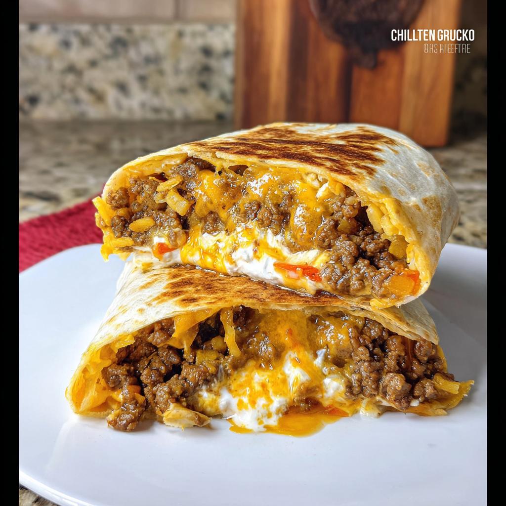 A halved Chicken Crunch Wrap filled with seasoned ground meat, cheese, and creamy sauce, served on a white plate.