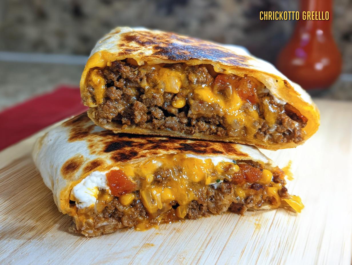 A close-up of a Chicken Crunch Wrap sliced in half, revealing seasoned ground meat, melted cheese, and a creamy filling.