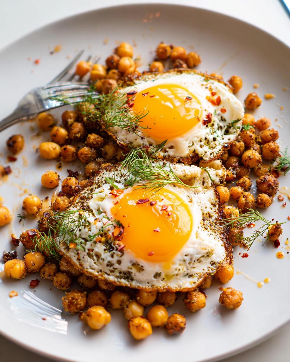 Two perfectly fried eggs served over seasoned chickpeas, garnished with dill and chili flakes. A key part of the Chickpea Fried Eggs Recipe.