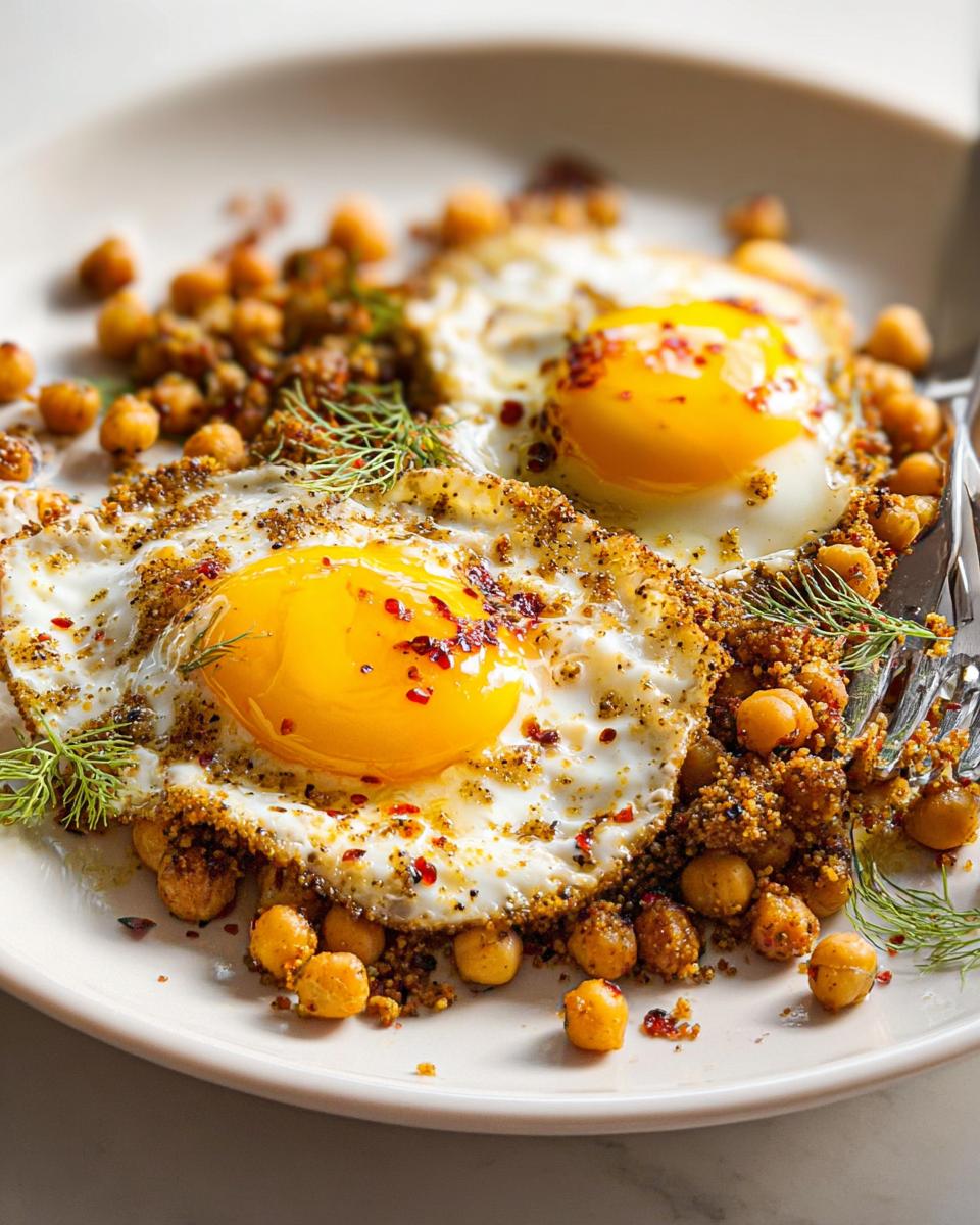 Two perfectly fried eggs served over seasoned chickpeas with fresh dill and chili flakes in a Chickpea Fried Eggs Recipe.