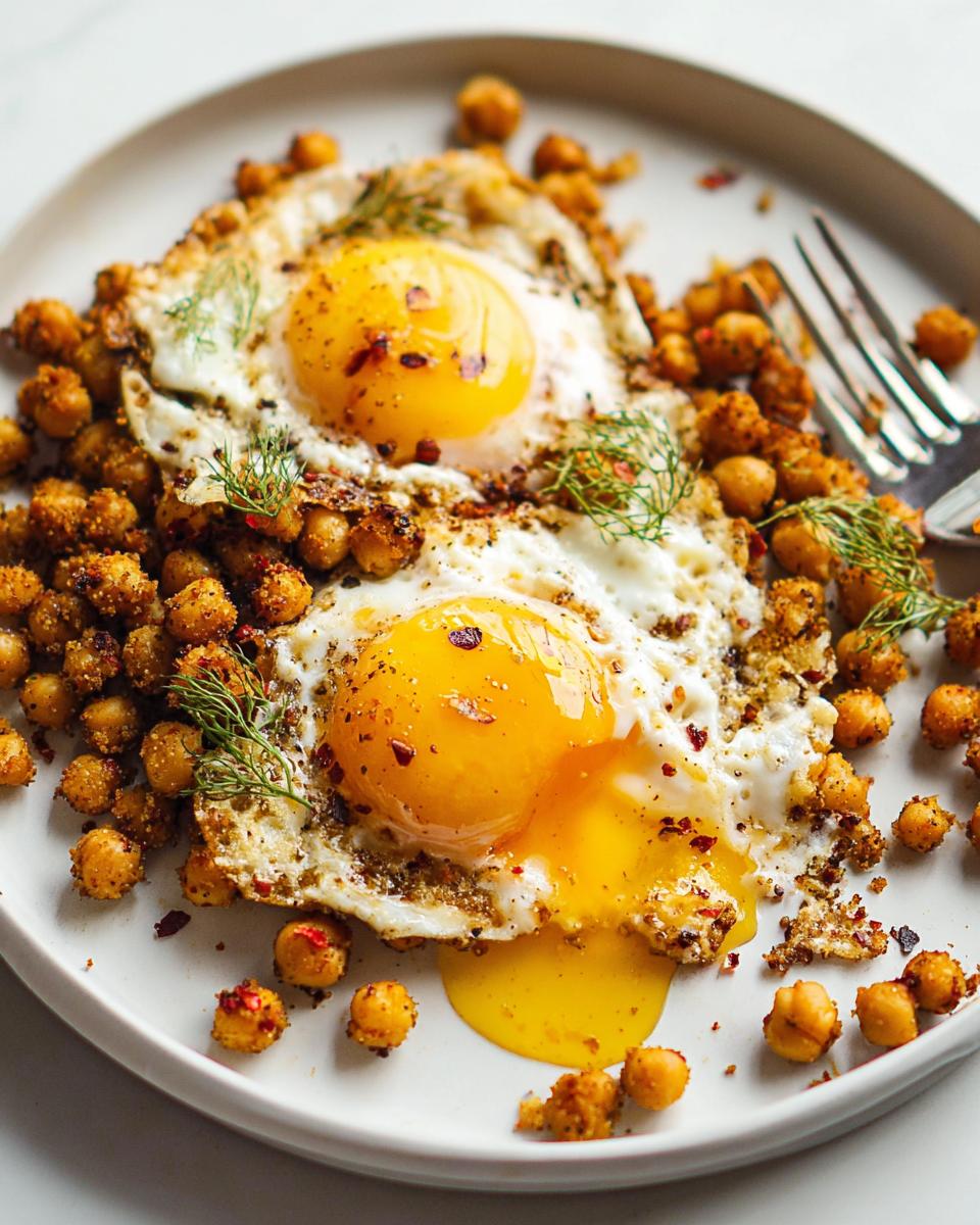 Two perfectly fried eggs served with crispy seasoned chickpeas, a quick and delicious Chickpea Fried Eggs Recipe.