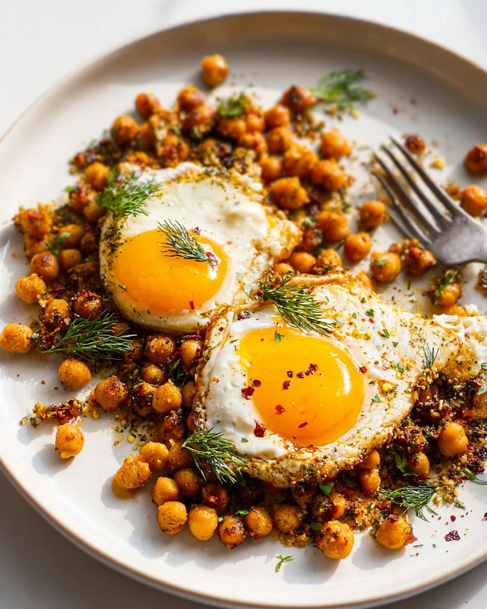 Two perfectly fried eggs served over seasoned chickpeas, garnished with fresh dill. A delicious Chickpea Fried Eggs recipe.