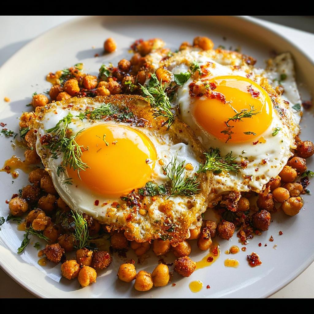 Two perfectly fried eggs served over crispy seasoned chickpeas, a delicious Chickpea Fried Eggs Recipe.