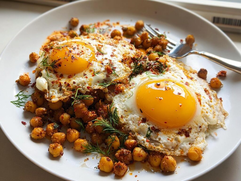 Two sunny-side-up eggs served over seasoned chickpeas, garnished with dill and chili flakes. A fork is visible.